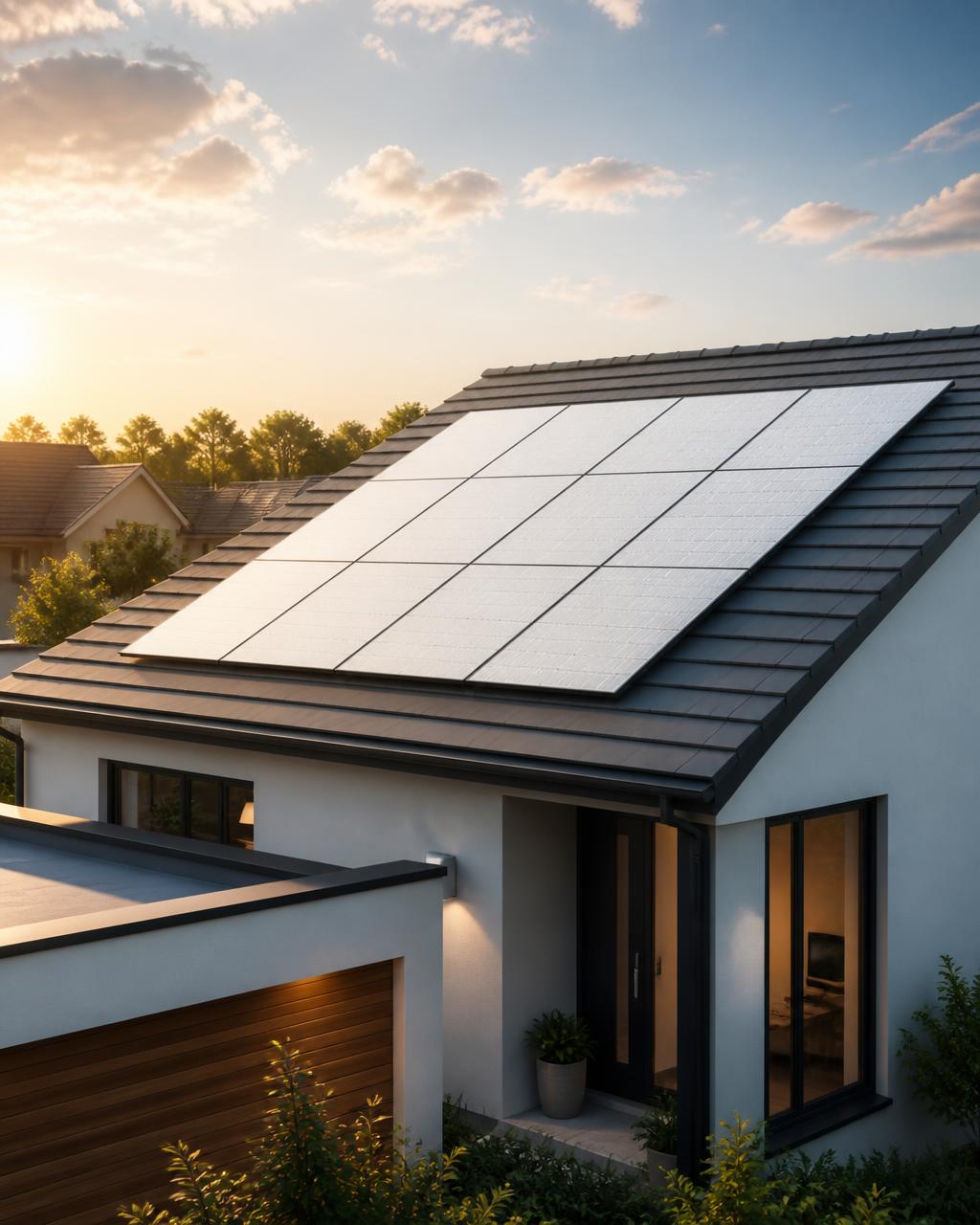 Modern suburban roof with clean solar panels lit by late afternoon sun